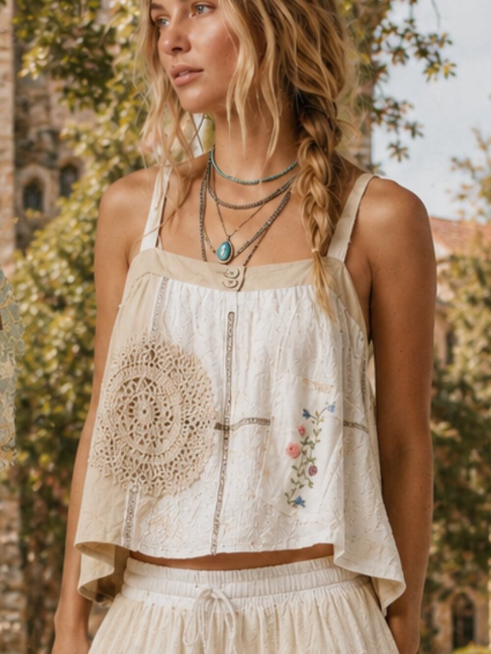 POL NWT Boho Patchwork Crochet Embroidered Floral Cami Top Ivory Cotton